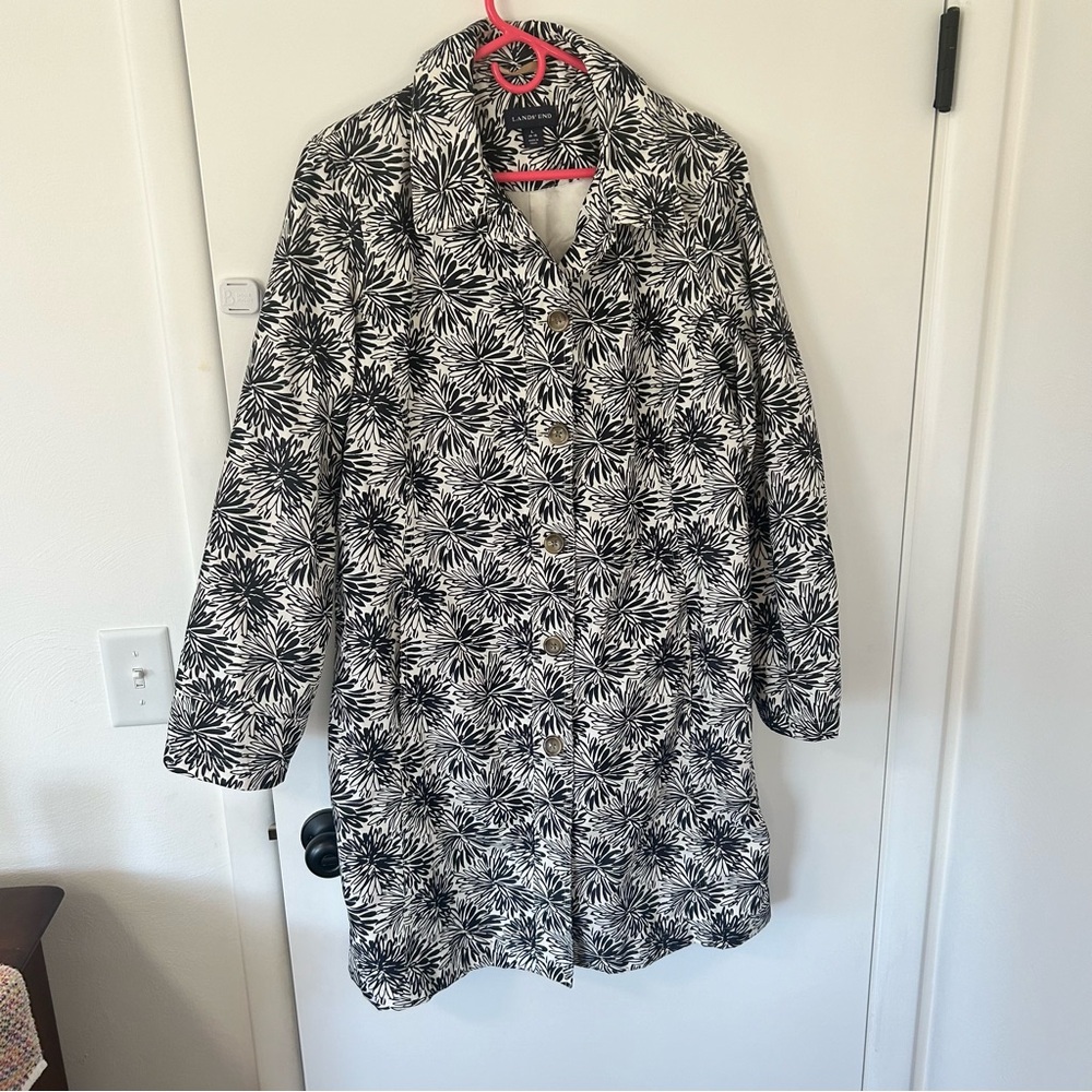Lands' End Black & White Floral Pattern Trench Coat